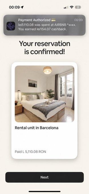 A mobile screenshot of a confirmed Airbnb reservation for a rental unit in Barcelona, showing a notification that lei610.08 was spent with a lei54.07 cashback earned.
