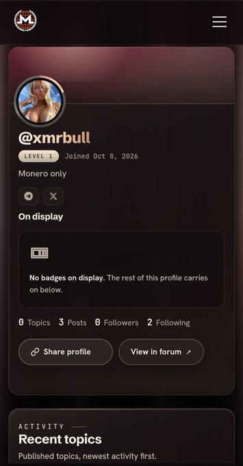 A dark-themed mobile app profile screen for user '@xmrbull' showing Level 1 status, joined Oct 8, 2026, with stats displaying 0 Topics, 3 Posts, 0 Followers, and 2 Following.