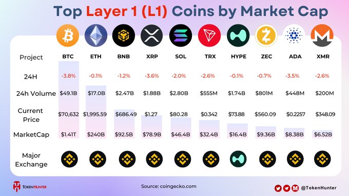 The image is a graph that shows which cryptocurrencies are currently valued at $1.41, MC, $49.1B, and $70.6T respectively by market cap. It is a comparison of the different cryptocurrency prices over time with Bitcoin being the most expensive among them all. The post also highlights how top layer coins like Bitcoin can sometimes be valuable in terms of market capitalization; however, as this type of coin isn't necessarily used to create products or services, it may not always have long-term value or utility for users.