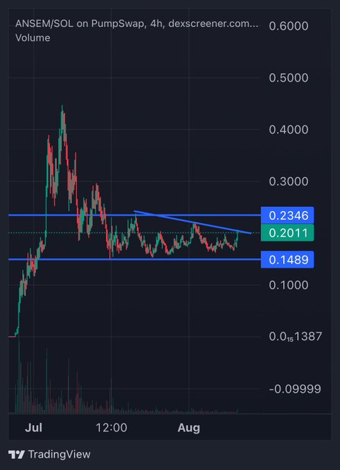 A 4-hour candlestick chart from dexscreener.com shows the ANSEM/SOL trading pair on PumpSwap, with current price action consolidating between support at 0.1489 and resistance at 0.2346, reflecting the post's bullish conviction as the trader accumulates more ANSEM.
