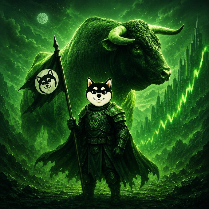 The image features a character with a black and white dog costume, holding a flag that has a black dog graphic on it. They are standing next to a large green bull statue. The background of the image shows a city skyline under a moonlit sky. The caption at the bottom of the image reads "$MANYU to billions is inevitable".