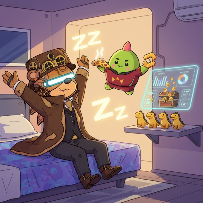 urn of gold coins, a green dinosaur, and a cartoon character with arms raised are depicted on a bedspread-covered bed against a purple wall.
