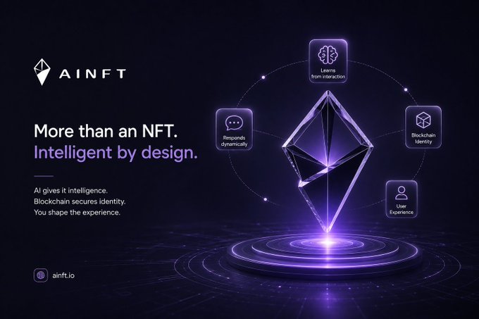 A promotional graphic for AINFT displays the Ethereum logo alongside text reading 'More than an NFT. Intelligent by design.' with features like 'Learns from interaction' and 'Responds dynamically.'