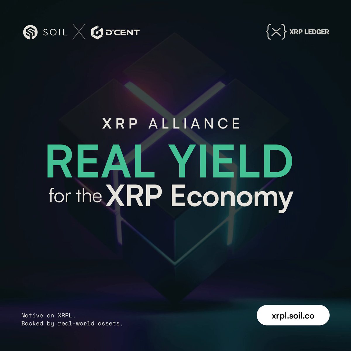 The image features a dark blue background with a green cube that says "Real Yield for the XRP Economy" written on it. The text "SOIL has joined the XRP Alliance" is also present, indicating that SOIL has become a member of the XRP Alliance. The post mentions that the XRPL ledger is built natively on XRPL and features a focus on real-world asset yield for the XRP economy.