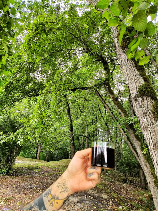 A tattooed hand holds a small glass of dark coffee in a lush, sun-dappled forest, capturing a serene morning ritual that mirrors the post's message of starting the day with steady, intentional energy. The peaceful woodland scene reflects the "small nights, big impact" mindset—fueling up mindfully to build consistent habits and long-term progress.