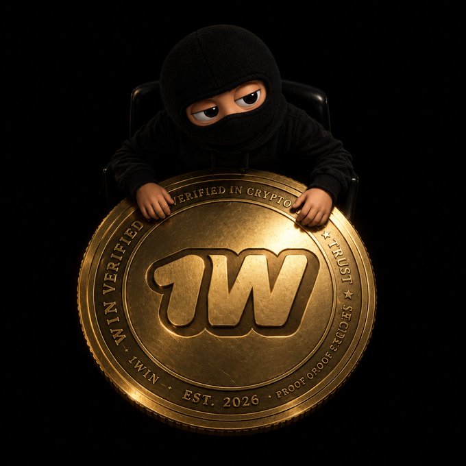 A plush ninja toy wearing a black mask rests its hands on a large golden 'W' medallion inscribed with 'I WIN VERIFIED IN CRYPTO TRUST PROOF OF PROFIT SECTOR EST. 2026'.