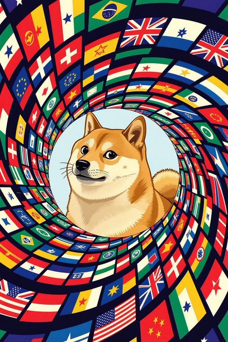 A cartoon Shiba Inu dog surrounded by a spiral of international flags from countries around the world.
