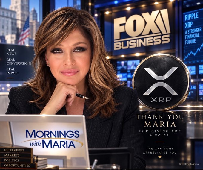 The image is a tribute graphic featuring Maria Bartiromo, host of "Mornings with Maria" on FOX Business, alongside the XRP logo and the message "Thank You Maria for giving XRP a voice" from "The XRP Army." The accompanying post's sentiment about unusual events aligns with the image's theme, as it highlights Maria's coverage of XRP and Ripple, suggesting that her platforming of crypto news amidst broader financial oddities is one of those strange, noteworthy developments.