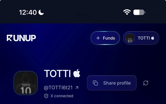 A mobile screenshot of the Runup app showing a user profile for 'TOTTI' with an Apple emoji as the avatar, handle @TOTT16121, displaying a 'Share profile' button.