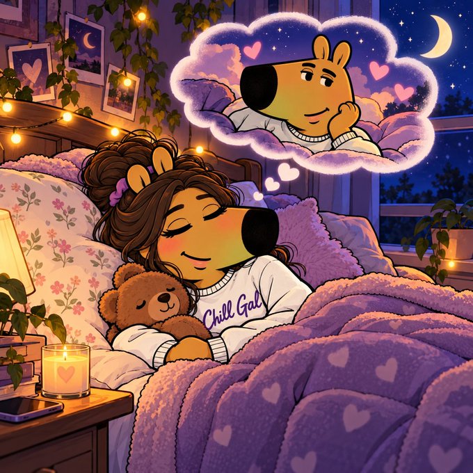 A girl with dog features sleeps peacefully in bed, dreaming of Chill Guy surrounded by hearts under a starry sky. Her "Chill Gal" sweatshirt mirrors the whimsical daydream about @ChillGuyERC20, capturing the cozy, affectionate vibe of the post.