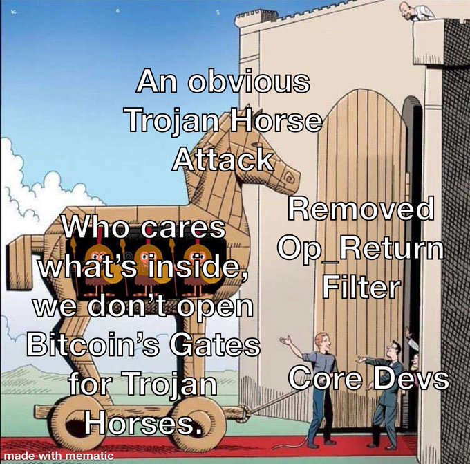 A Trojan Horse labeled "Removed Op_Return Filter" approaches a Bitcoin gate defended by "Core Devs" who say "Who cares what's inside, we don't open Bitcoin's Gates for Trojan Horses." The meme, paired with Matthew 7:13-14's warning about the narrow gate, suggests that Bitcoin's strict, narrow filters are necessary to block malicious or dangerous changes from entering the protocol.