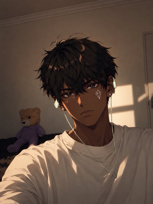 An anime-style illustration shows a young man with dark messy hair, earphones, and a diamond face marking, taking a selfie in a sunlit room with a teddy bear visible in the background.