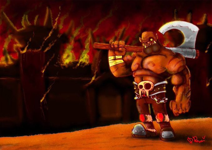 A digital illustration of a muscular ogre-like warrior with a large axe slung over his shoulder, standing in a fiery hellscape setting.