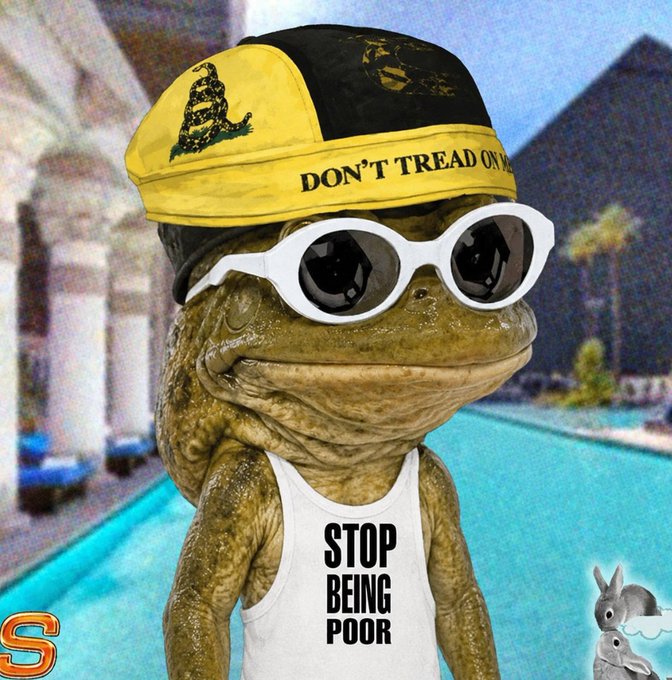 A digitally rendered frog wearing a yellow "DON'T TREAD ON ME" cap, white sunglasses, and a white tank top reading "STOP BEING POOR."
