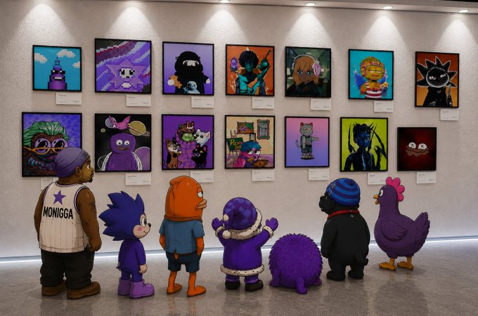 The image features a group of cartoon characters standing together, including a bear wearing sunglasses, a chicken with a hat, an orange fish, a purple frog, and a purple dog. The characters are looking at a wall filled with various paintings or drawings, which could be considered NFTs (Non-Fungible Tokens). One of the characters is wearing a shirt that says "Monad". The post also asks about favorite NFTs and favorite memes, so it's likely related to the NFTs and memes being displayed in the image.