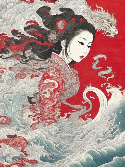 A traditional Asian-style illustration of a woman with an elaborate dark hairstyle adorned with flowers, set against a red background with a white dragon and stylized clouds and waves.