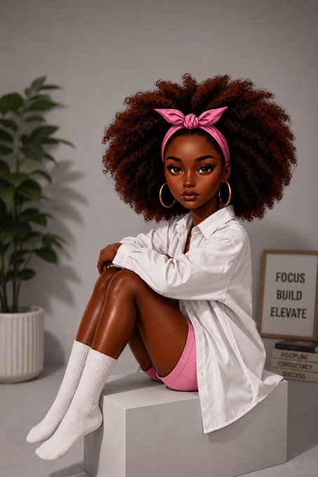 A stylized illustration of a young woman with voluminous curly auburn hair tied with a pink bow, sitting on a white block in an oversized white shirt and pink shorts, with a 'FOCUS BUILD ELEVATE' framed sign in the background.