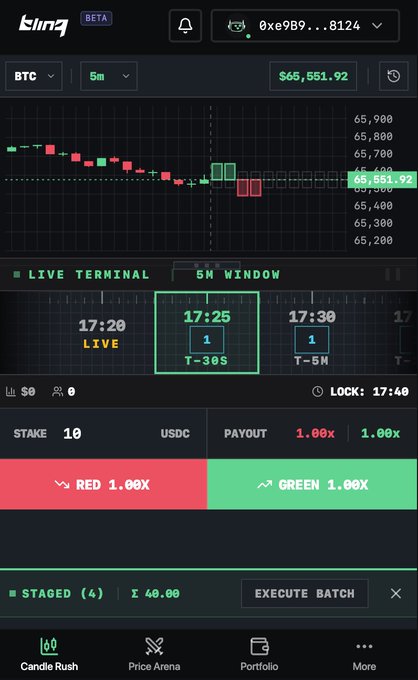 A mobile screenshot of the BingX trading app showing a BTC/USDC 5-minute candlestick chart at $65,551.92 with a live terminal for trading predictions (RED 1.00X/GREEN 1.00X).