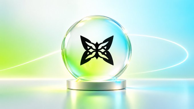 A 3D render of a transparent glass orb on a metallic pedestal, containing a black butterfly-like symbol, illuminated by green and blue neon light rings.