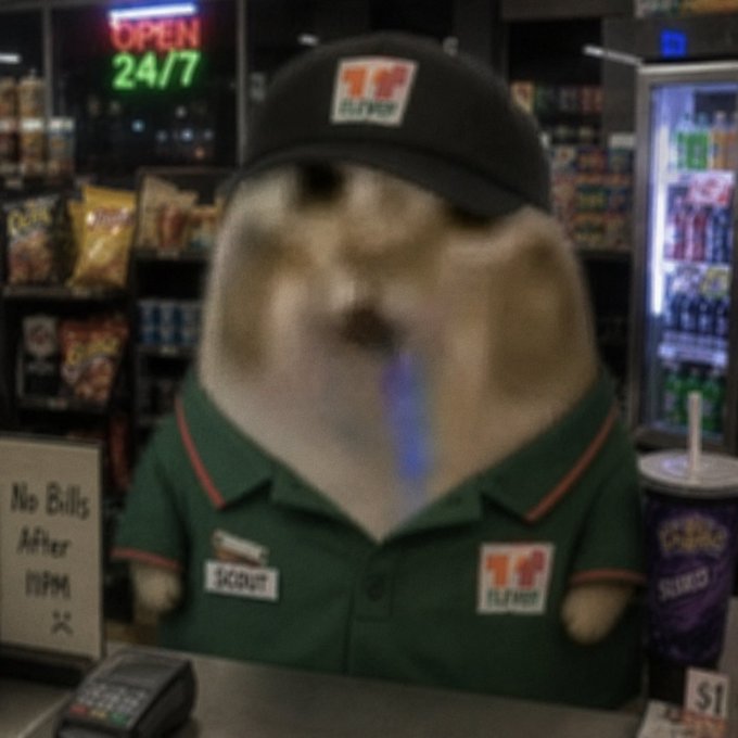 The image features a cat wearing a green shirt, hat, and bowtie standing behind a cash register at a store. The cat appears to be dressed as a worker or shopkeeper, with its head tilted back and mouth open. In the background, there is a display of soda cans on a shelf next to an open door that says "OPEN 24/7".