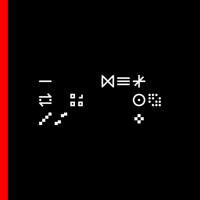 This image displays a minimalist digital art piece titled "1280000 PXL" by Kim Asendorf, featuring various white geometric and pixelated symbols arranged on a black background with a red vertical bar on the left.