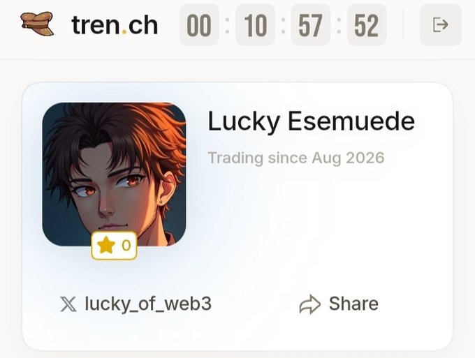 A screenshot from tren.ch shows a user profile named 'Lucky Esemuede' with an anime-style avatar, 'Trading since Aug 2026', and the Twitter handle 'lucky_of_web3'.