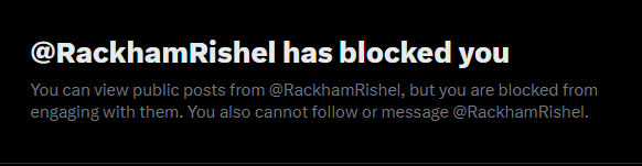 The image shows a Twitter/X notification stating that "@RackhamRishel has blocked you," explaining that while you can view their public posts, you cannot engage, follow, or message them. This relates to the post's humor about "Rackham" being blocked from dumping $eHex, suggesting the poster is referencing this user who blocked them.