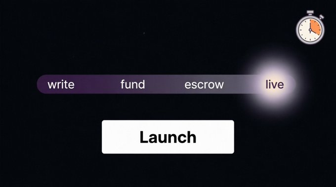 The image displays a four-step progress bar showing "write," "fund," "escrow," and a glowing highlighted "live" stage, with a kitchen timer icon in the upper right corner and a "Launch" button below. This visually captures the post's narrative: the user is racing against their kitchen timer to complete each step on app.rally.fun, currently landing on the final "live" phase as the timer ticks down toward launch.