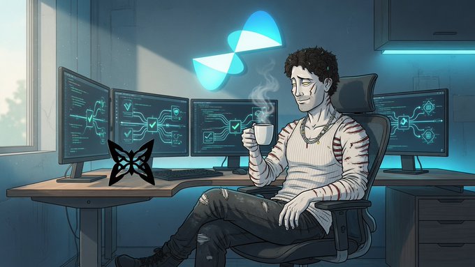 A digital drawing of a man with red marks on his face sitting in a gaming chair, holding a steaming mug, with multiple monitors displaying code, a butterfly logo, and a blue 3D logo on the wall behind him.