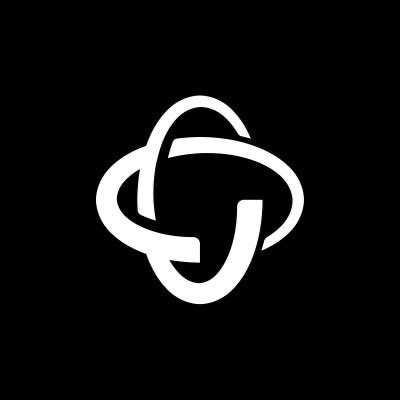 A white intertwined circular logo design on a black background.