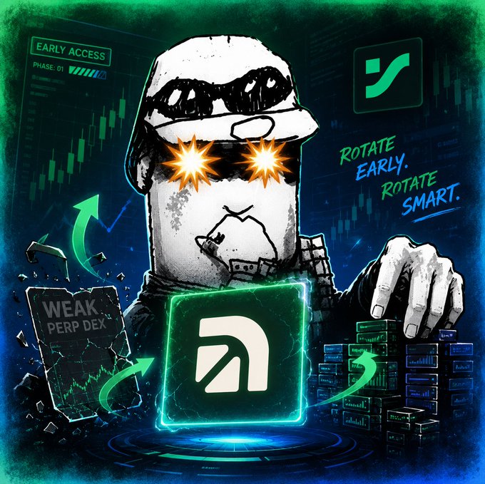 The image shows a stylized illustration of a tactical character with glowing orange eyes, shattering a "WEAK PERP DEX" tablet, with a glowing green Arcus (arcus_xyz) logo cube emerging, alongside text reading "ROTATE EARLY. ROTATE SMART." and "EARLY ACCESS PHASE: 01" along with financial charts. This visually reinforces the post's message about early access to Arcus, positioning it as a strong perpetual DEX alternative worth rotating into before wider availability.
