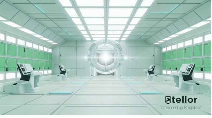 A futuristic, sci-fi style white and green interior corridor or spaceship hallway with control chairs and a glowing circular portal, branded 'Stellor - Censorship Resistant'.