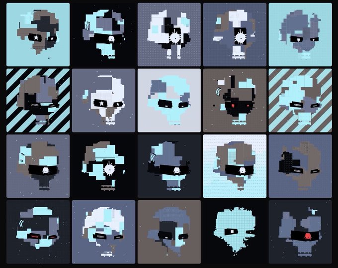 A 4x5 grid of pixel art portraits depicting stylized, robotic or alien heads with dark visors and various accessories, set against backgrounds of teal, black, gray, and striped patterns.