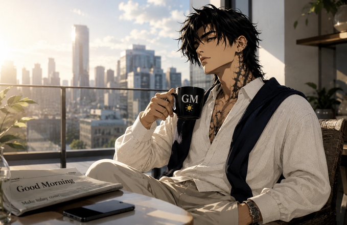 A stylishly dressed anime man with dark hair and neck tattoos sits on a balcony overlooking a city skyline, sipping from a mug labeled "GM" while a newspaper reading "Good Morning" rests on the table. The image visually reinforces the post's theme of a disciplined, focused morning routine and motivational grind mindset, with the "GM" mug and "Good Morning" newspaper directly echoing the "G morning CT" message.