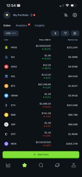 Screenshot of a cryptocurrency portfolio app showing price tracking for tokens including FRCO, DJX, AVAX, SOL, BTC, GRASS, ETH, XROO, XRP, DOT, and MON, with 24-hour price change percentages.