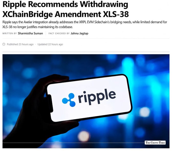 The image shows a Crypto Times article titled "Ripple Recommends Withdrawing XChainBridge Amendment XLS-38," with a subheadline noting Ripple says the Axelar integration already addresses XRPL EVM Sidechain's bridging needs and limited demand no longer justifies maintaining the codebase.

The article visually reinforces the post's argument that XLS-38's withdrawal is routine code maintenance rather than a sign of XRPL's decline—Ripple is simply deprecating an unused native bridge in favor of the existing Axelar integration for EVM sidechain connectivity.