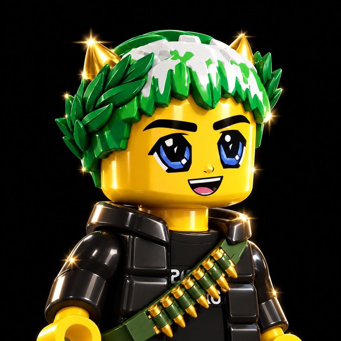 A 3D-rendered yellow minifigure-style character with green leafy hair and golden horns, wearing black armor and a bandolier of golden bullets, set against a black background with sparkle effects.