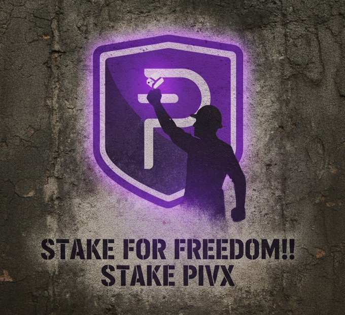 PIVX cryptocurrency promotional graphic featuring a purple shield logo with a silhouetted figure holding spray paint, with text reading 'STAKE FOR FREEDOM!! STAKE PIVX' on a concrete background.