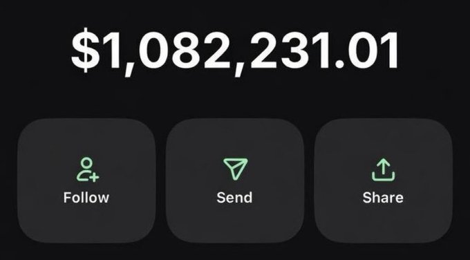 The image shows a portfolio value of $1,082,231.01 displayed prominently at the top, with three action buttons below labeled "Follow," "Send," and "Share." It appears to be a screenshot from a crypto tracker showcasing the massive returns referenced in the post about the $ANSEM token pump.