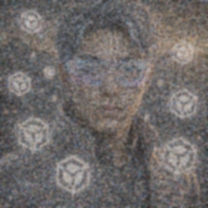 A grainy, low-resolution, textured image showing a faint humanoid face surrounded by floating glowing cube-like symbols.
