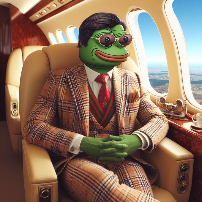 A cartoon frog (Pepe) wearing sunglasses and a plaid suit sits in a luxurious private jet, with a vintage telephone and coffee cup nearby.