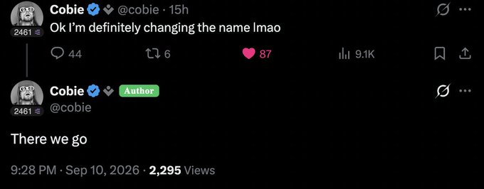 A screenshot of a social media thread where user Cobie posts 'Ok I'm definitely changing the name lmao' followed by 'There we go'.