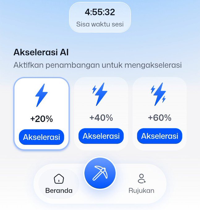 A mobile app screen in Indonesian with a timer reading '4:55:32 Sisa waktu sesi', a heading 'Akselerasi AI', and three lightning-bolt options for +20%, +40%, and +60% acceleration, plus navigation buttons for 'Beranda' and 'Rujukan'.