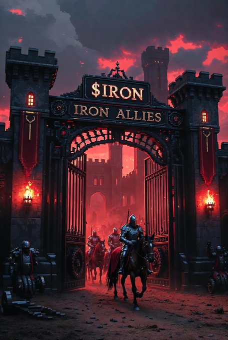 A dark, atmospheric digital illustration of a medieval castle gate labeled '$IRON IRON ALLIES', where armored knights on horseback emerge through the archway under a red, ominous sky with torches burning on either side.
