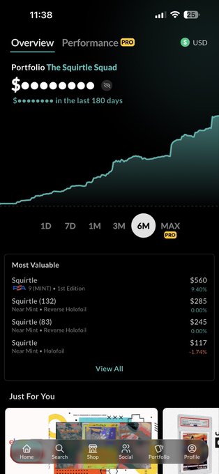 A mobile portfolio app screenshot for 'The Squirtle Squad' showing a 180-day performance graph trending upward, with items including Squirtle (9 MINT) at $560.