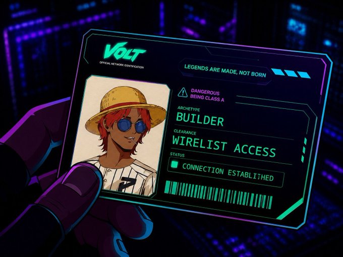 A cyberpunk-style ID card titled 'VOLT OFFICIAL NETWORK IDENTIFICATION' with the tagline 'LEGENDS ARE MADE, NOT BORN' and a warning 'DANGEROUS BEING CLASS A,' showing a character in a straw hat and sunglasses designated as 'BUILDER' with 'WIRELIST ACCESS' and 'CONNECTION ESTABLISHED.'