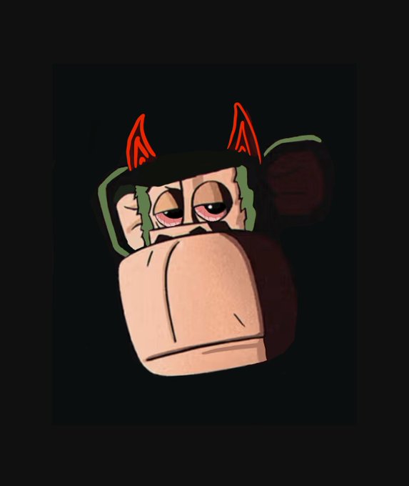 A cartoon-style drawing of a character with red devil horns, green hair, and an exaggerated large mouth/jaw against a dark background.