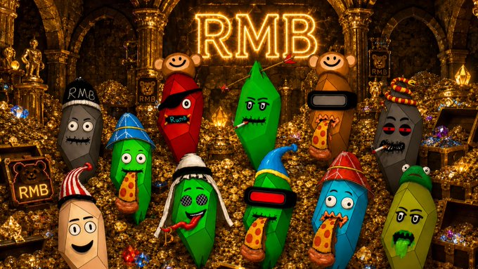 A colorful cartoon image showing various anthropomorphized NFT characters labeled 'RMB' gathering in a treasure-filled vault with a neon 'RMB' sign.
