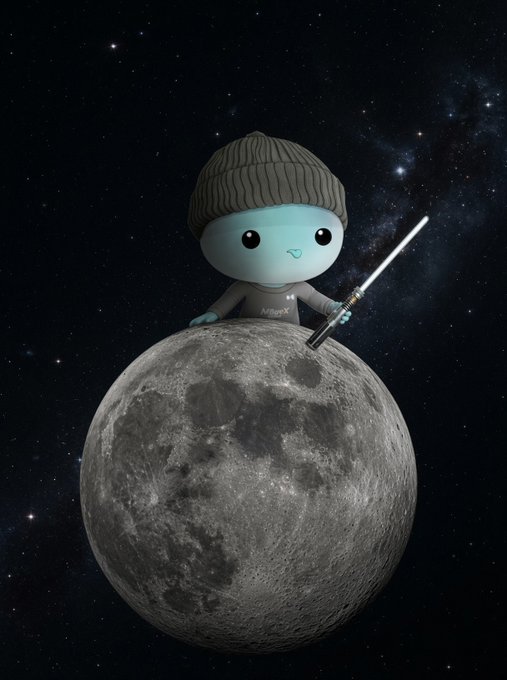 A 3D-rendered blue alien-like character wearing a knit beanie and holding a lightsaber while sitting atop a detailed moon against a starry space background.
