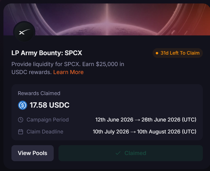 A digital interface showing 'LP Army Bounty: SPCX' with 31 days left to claim, offering $25,000 in USDC rewards, with 17.58 USDC rewards claimed and a campaign period of 12th June 2026 to 26th June 2026.